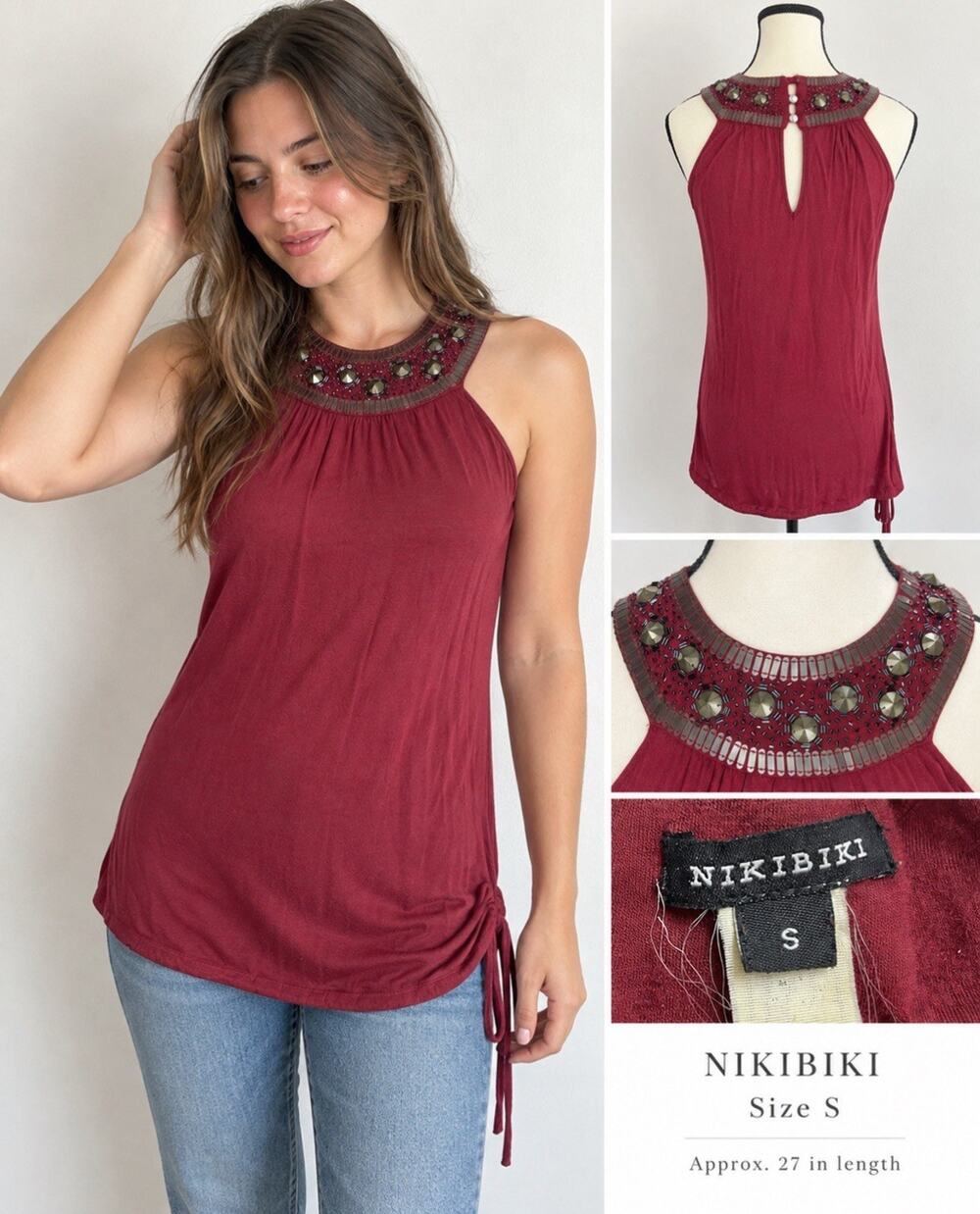 Y2K 2000s Festival Boho Nikibiki Women's Beaded Halter Tank Top Size S Burgundy